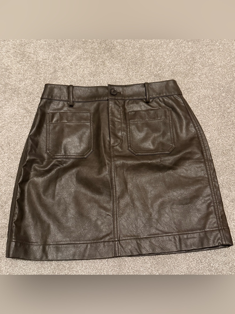 NWT LOFT 90s Faux Leather Mini Skirt Chocolate Brown Distressed Pocket A-Line 4